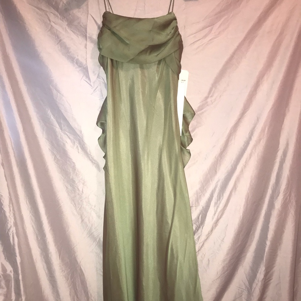 Light green, satin, floor length gown. Never Worn.